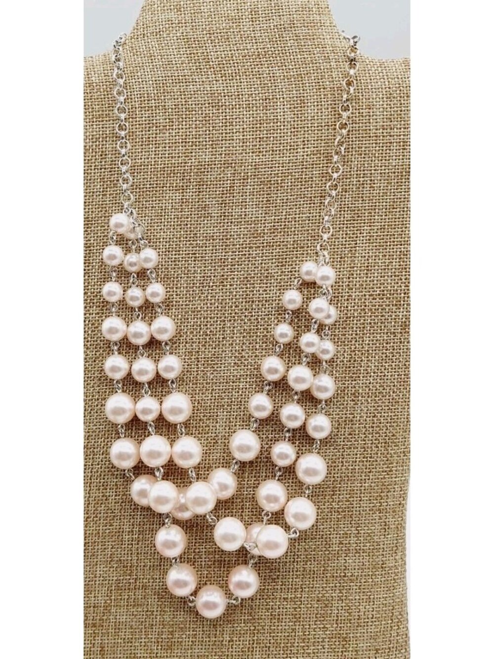 RMN Three Strand White Faux Pearl Necklace Silver Tone Chain Signed Choker